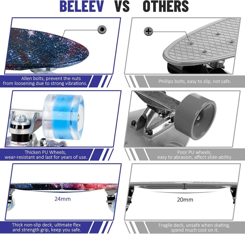 BELEEV 22 inch Skateboards for Kids, Cruiser Skateboard for Beginners Girls Boys Teens Adults, Mini Skateboards Classic Complete Skate Board with Skate T-Tool, Max Load 220 LBS - Image 4